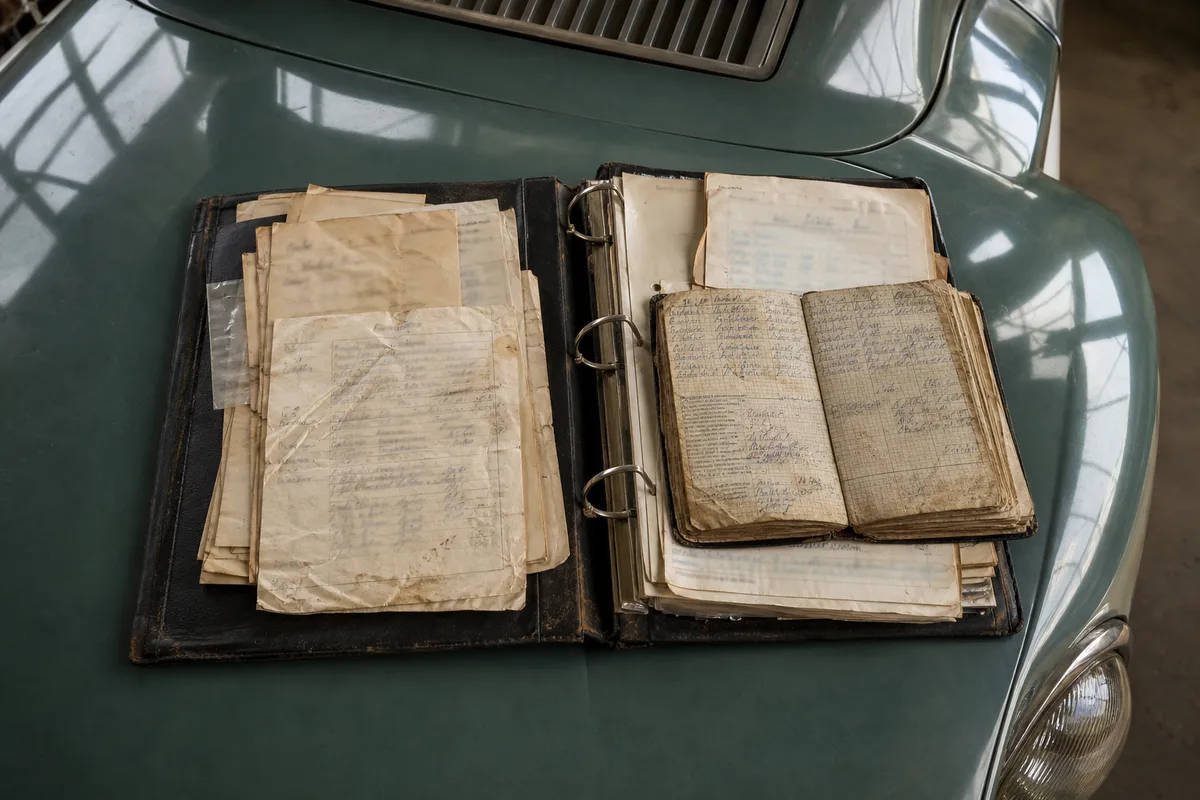 Classeur de factures et carnet d&rsquo;entretien ouverts sur le capot d&rsquo;une voiture ancienne