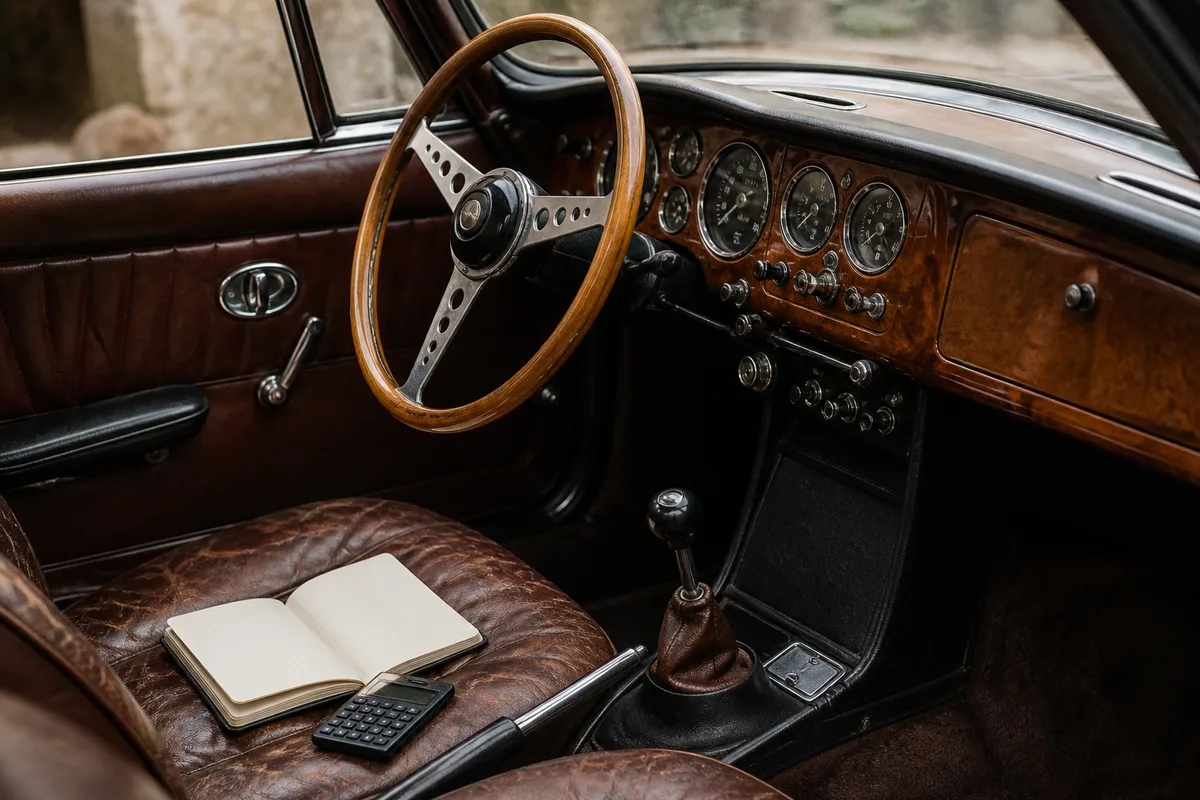Carnet de notes et calculatrice posés près d&rsquo;un volant à jante bois de voiture ancienne
