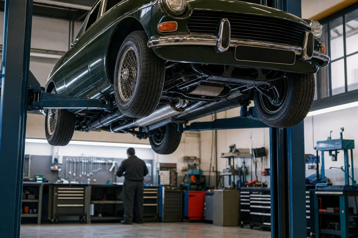 Voiture ancienne sur un pont élévateur en atelier pour son contrôle technique