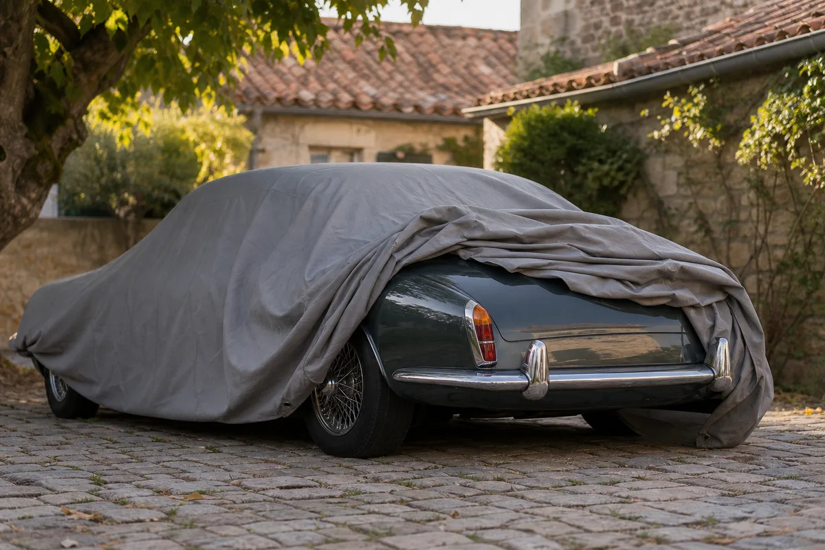 Voiture ancienne partiellement débâchée dans une cour pavée avant sa mise en vente